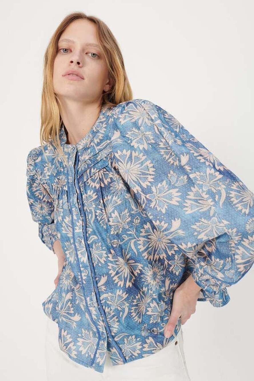 Chufy Neuen Berlin Ilse Organic Cotton Blouse Blue Floral Print Size S